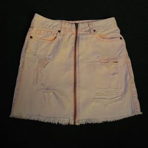 Pink Acid-Wash Denim Zipper Front Mini Skirt